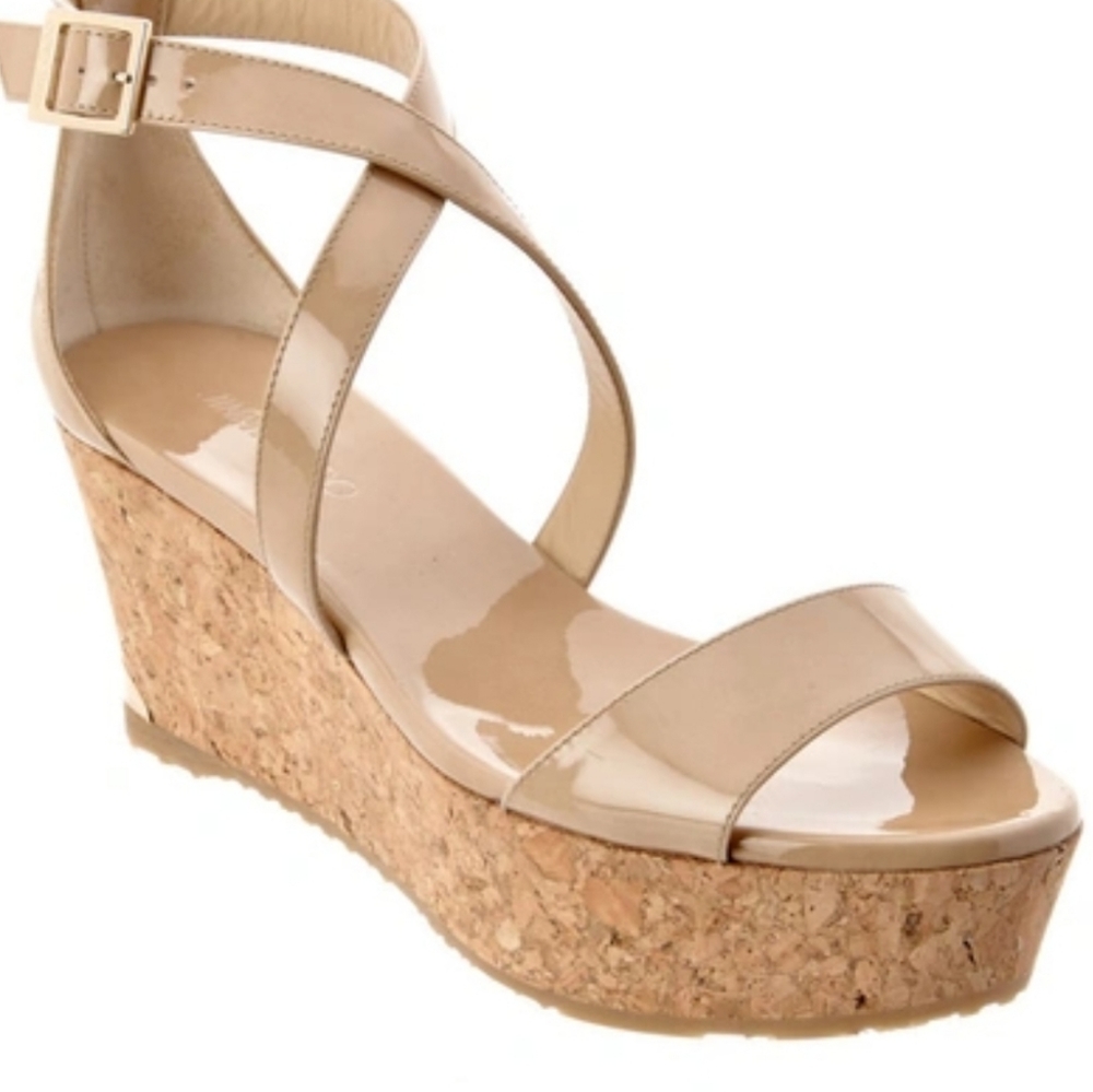 Jimmy Choo Women's Portia 70 Nude Patent Leather Wedge Sandals Size 38